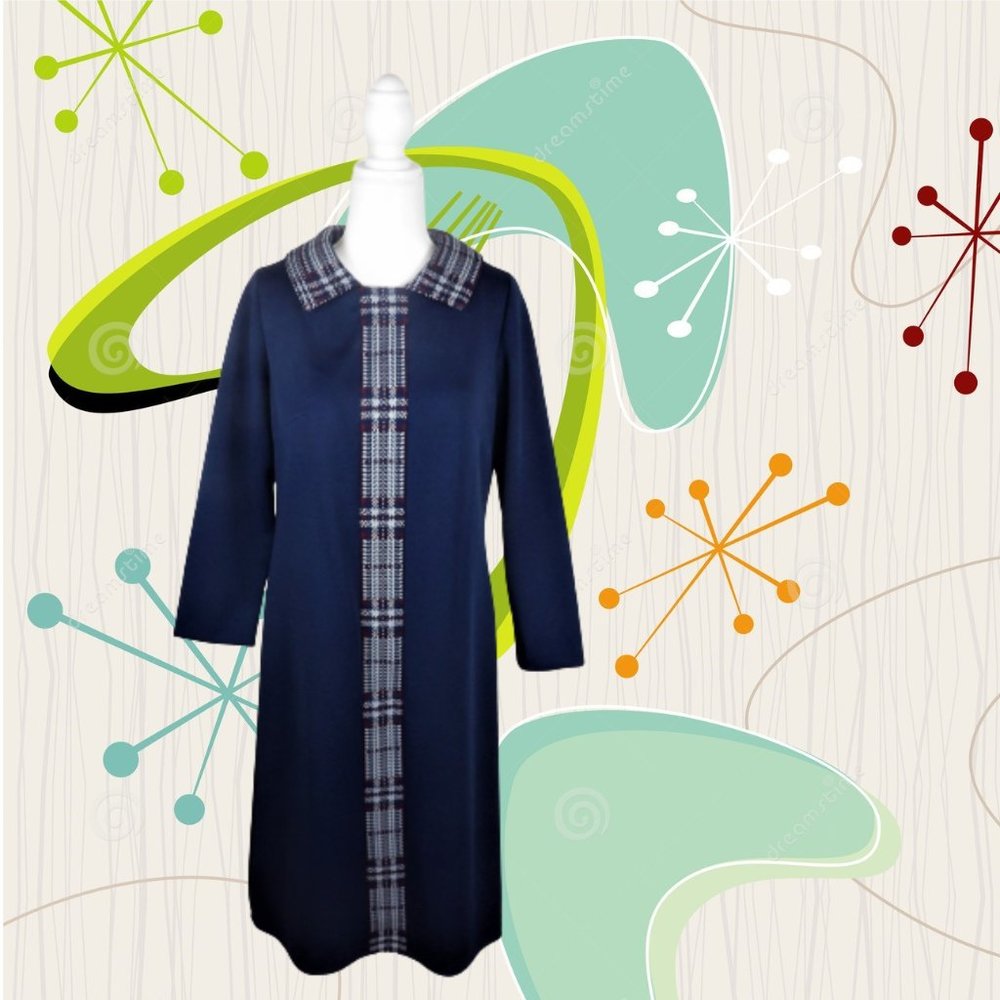 Navy Plaid-Trim Women's Dress